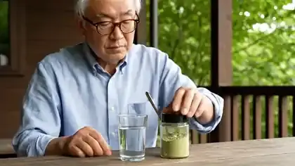 A man in his sixties on a shaded porch stirring a teaspoon of pale green powder from a small amber jar into a tall glass of water