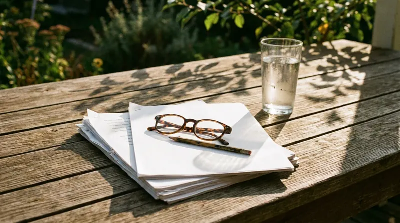 A stack of printed papers turned to the last page on a porch table, with reading glasses, a pencil and a glass of water
