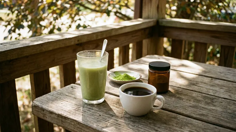 A tall glass of pale green water beside a cup of black coffee, a dish of matcha powder and a small amber jar on a porch table