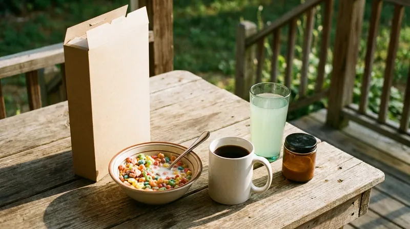 A bowl of cereal beside its box, a cup of coffee, a glass of green water and a small amber jar on a porch table