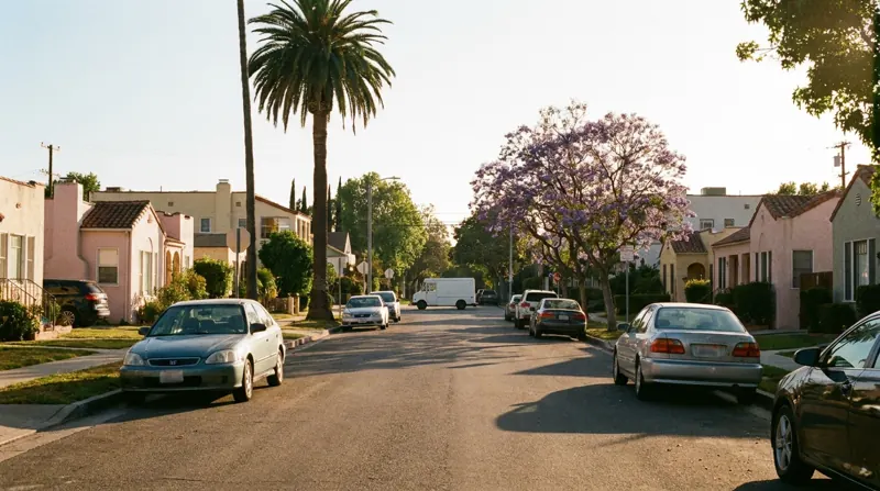 A quiet Los Angeles street of low stucco houses with long afternoon shadows and a delivery van far down the road