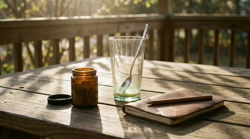 A porch table at the end of the afternoon with a small amber jar, an empty glass with a long spoon and a closed notebook with a pencil
