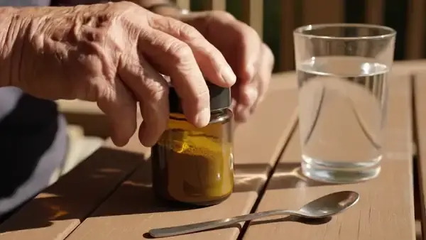 A man's hands tipping a rounded teaspoon of pale green powder from a small amber jar into a tall glass of water on a porch table