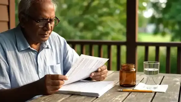 A man in his sixties on a porch running his finger along the last page of a printed paper and writing a note on a napkin
