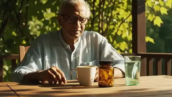 A man in his sixties on a porch reaching for a cup of coffee, stopping, and drinking from a tall glass of pale green water instead