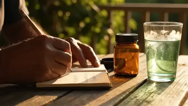 A man's hands writing a line in a small notebook beside a glass of green water and a small amber jar on a porch table