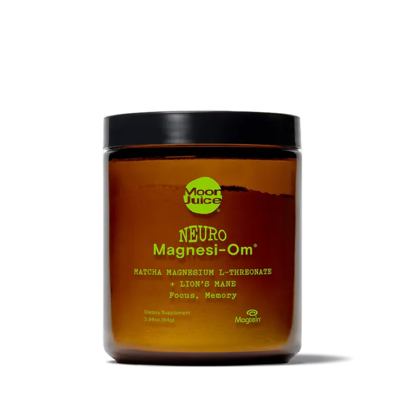 The amber jar of Moon Juice Neuro Magnesi-Om in the matcha flavor, from the seller's photograph